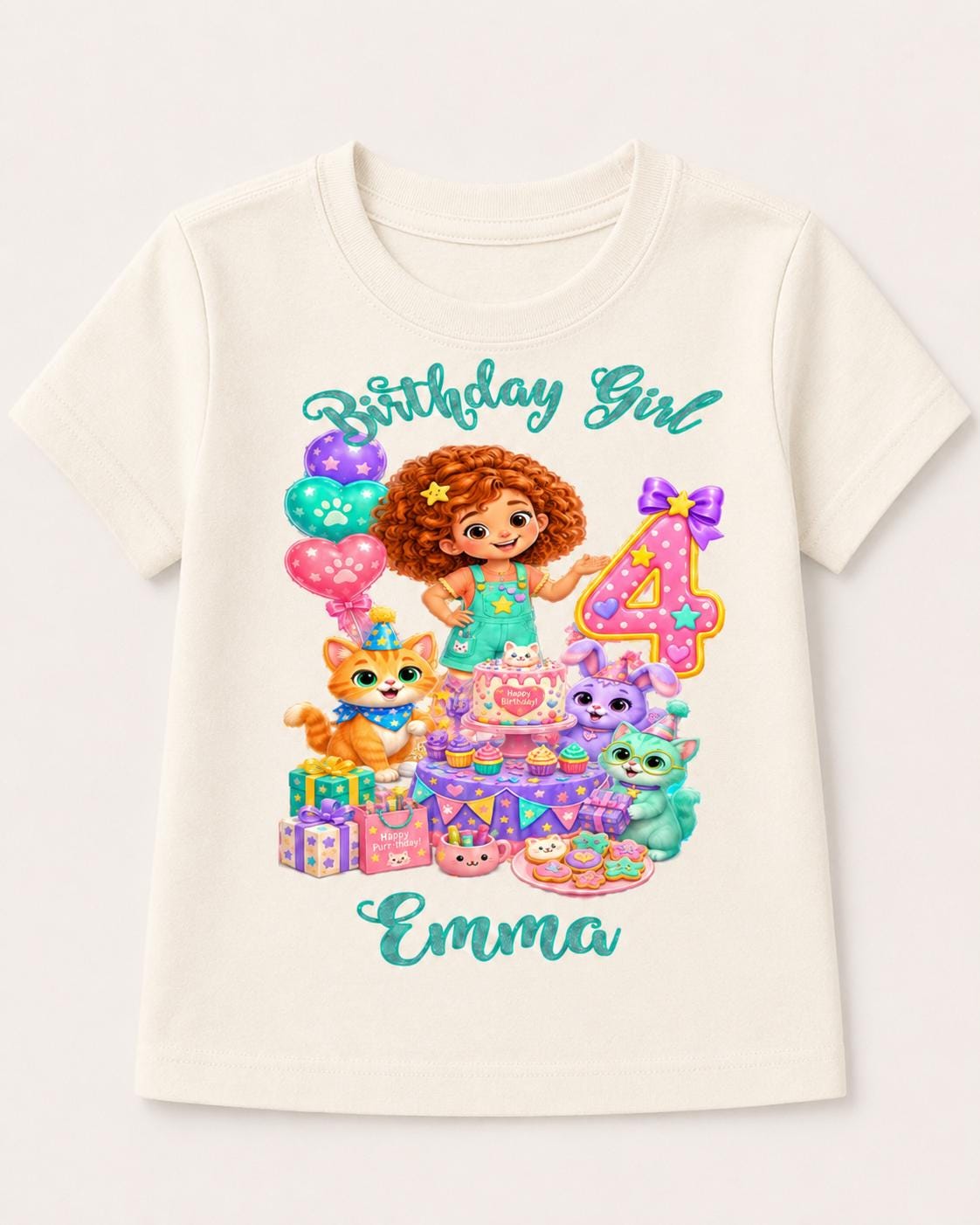 Birthday Girl Shirt, Personalized Cat Birthday Tee, Custom Name Age Party Shirt, image 4