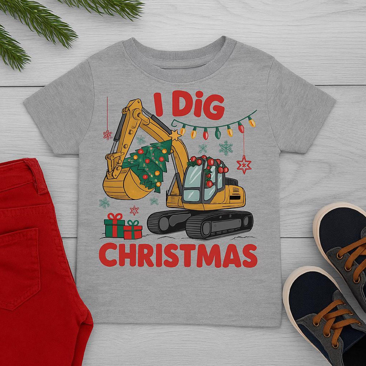I Dig Christmas Boys Shirt, Funny Kids Christmas Tee, Excavator Holiday Shirt, X image 2