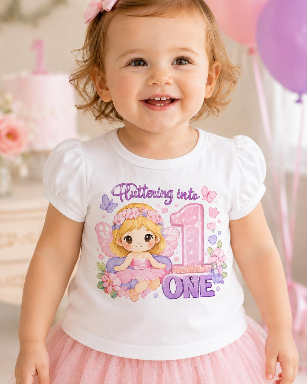 Girls 1st Birthday Shirt, Fairy First Birthday Tee, Fluttering Into One Shirt, B image 0
