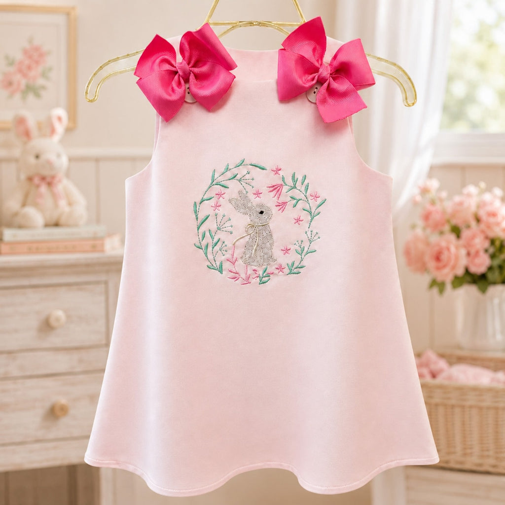 Pink dress with floral design and bunny on a hanger in a nursery setting