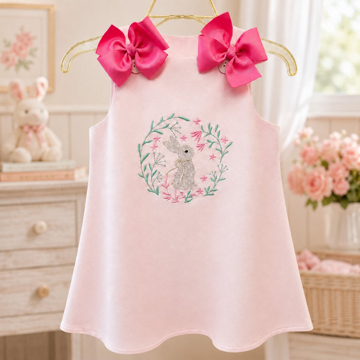 Pink dress with floral design and bunny on a hanger in a nursery setting
