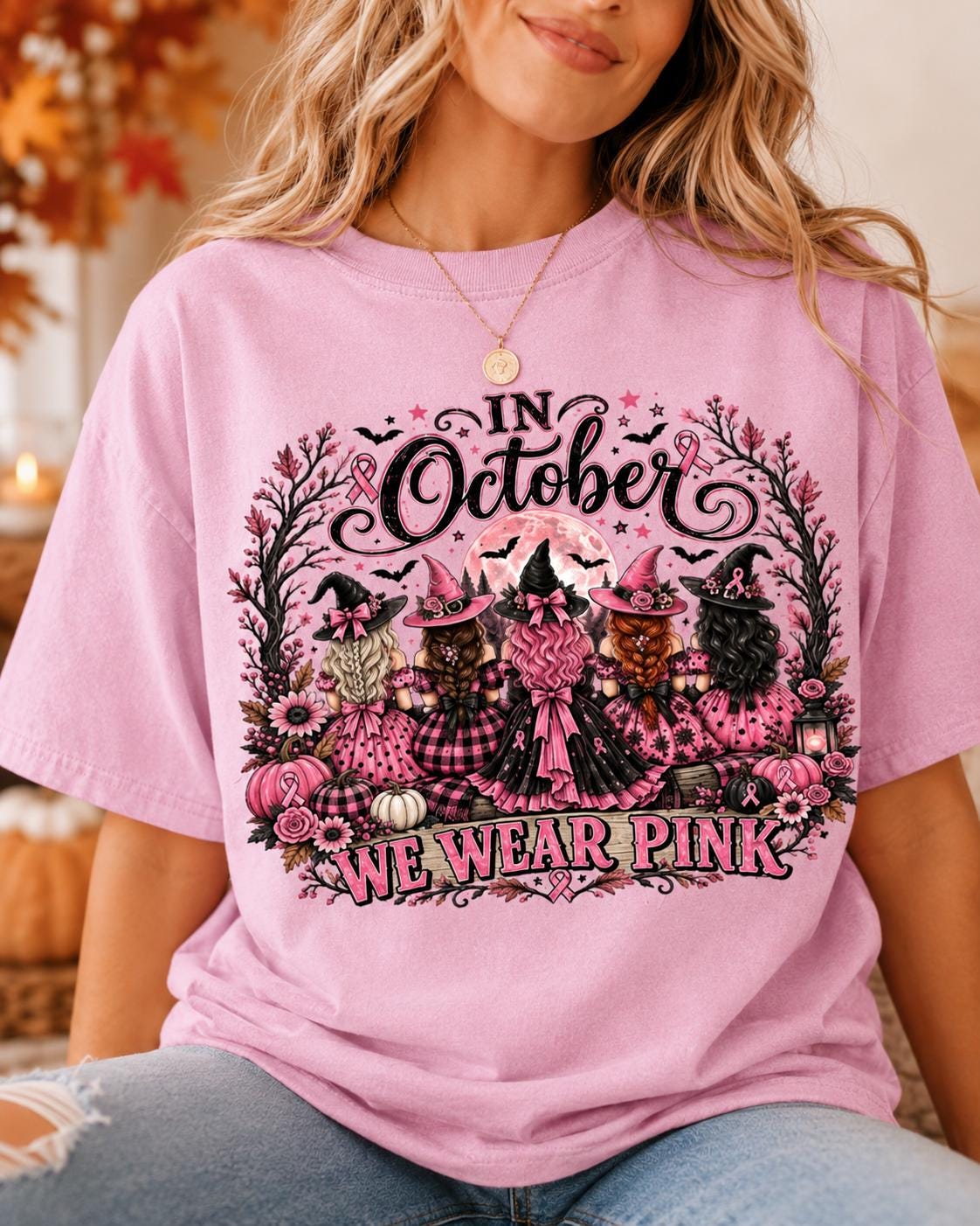 Breast Cancer Shirt, Comfort Colors Shirt, Pink Ribbon Witch Halloween TShirt, C image 0