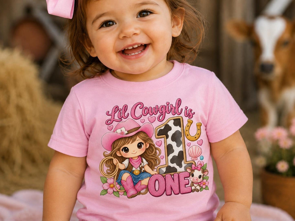 Cowgirl 1st Birthday Shirt, Lil Cowgirl is One Tee, Western First Birthday Outfi image 0