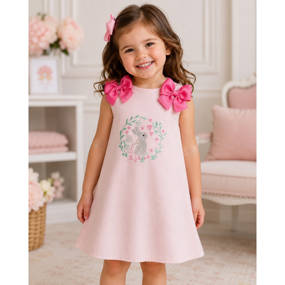 Young girl wearing a pink dress with bunny design and pink bows, standing in a softly blurred indoor setting.