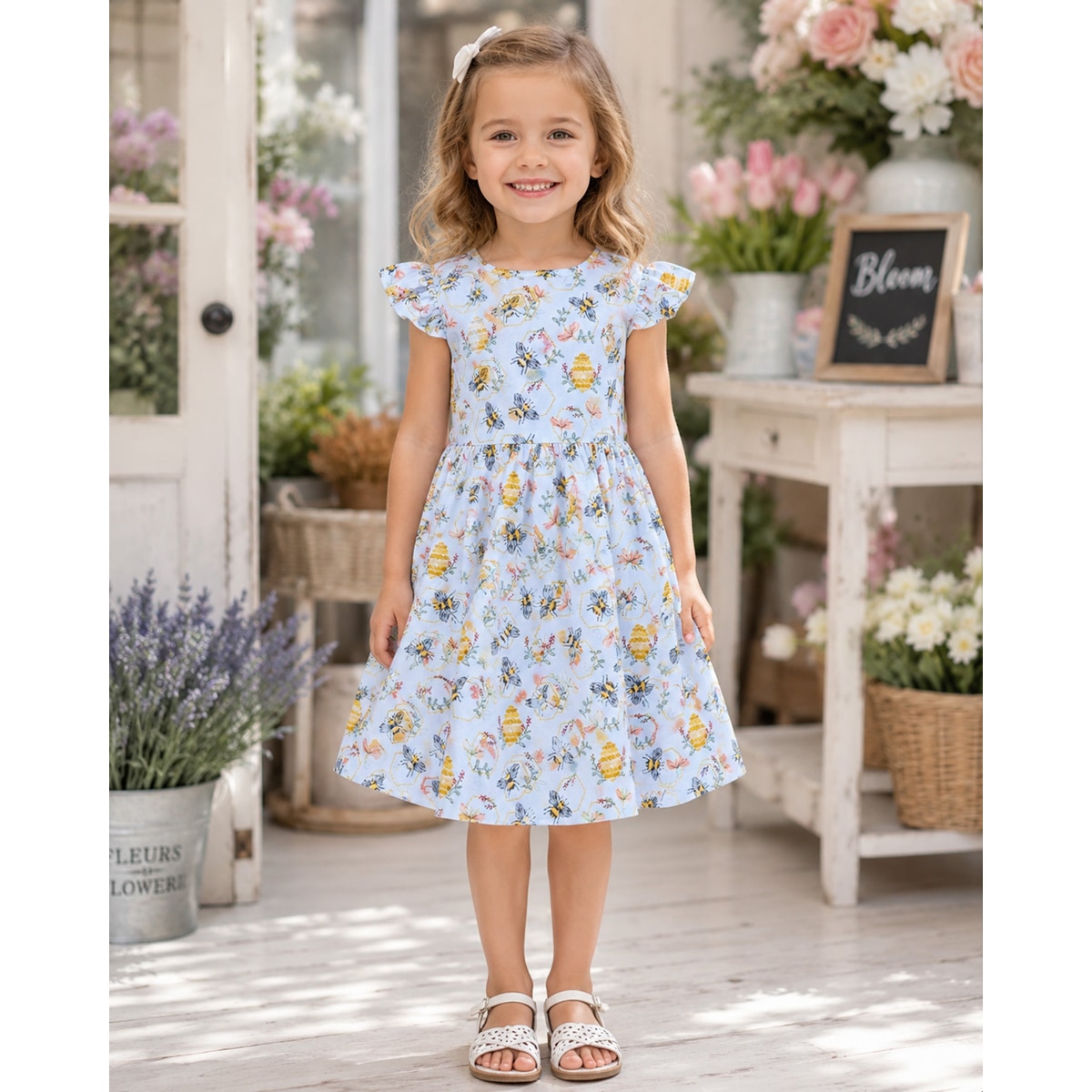 Young girl in a floral dress standing in a bright, flower-filled room.