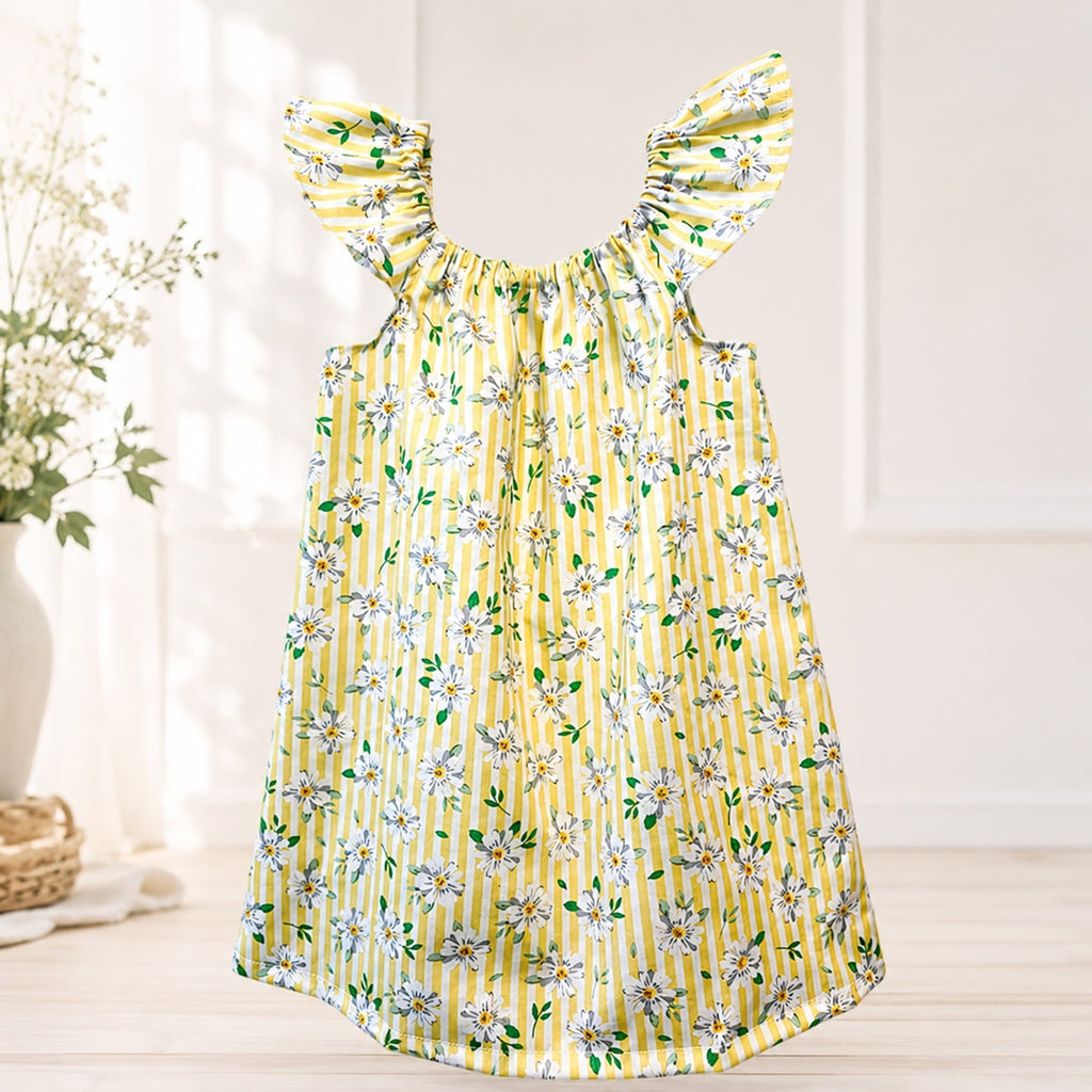 Yellow floral dress with striped pattern on a light background