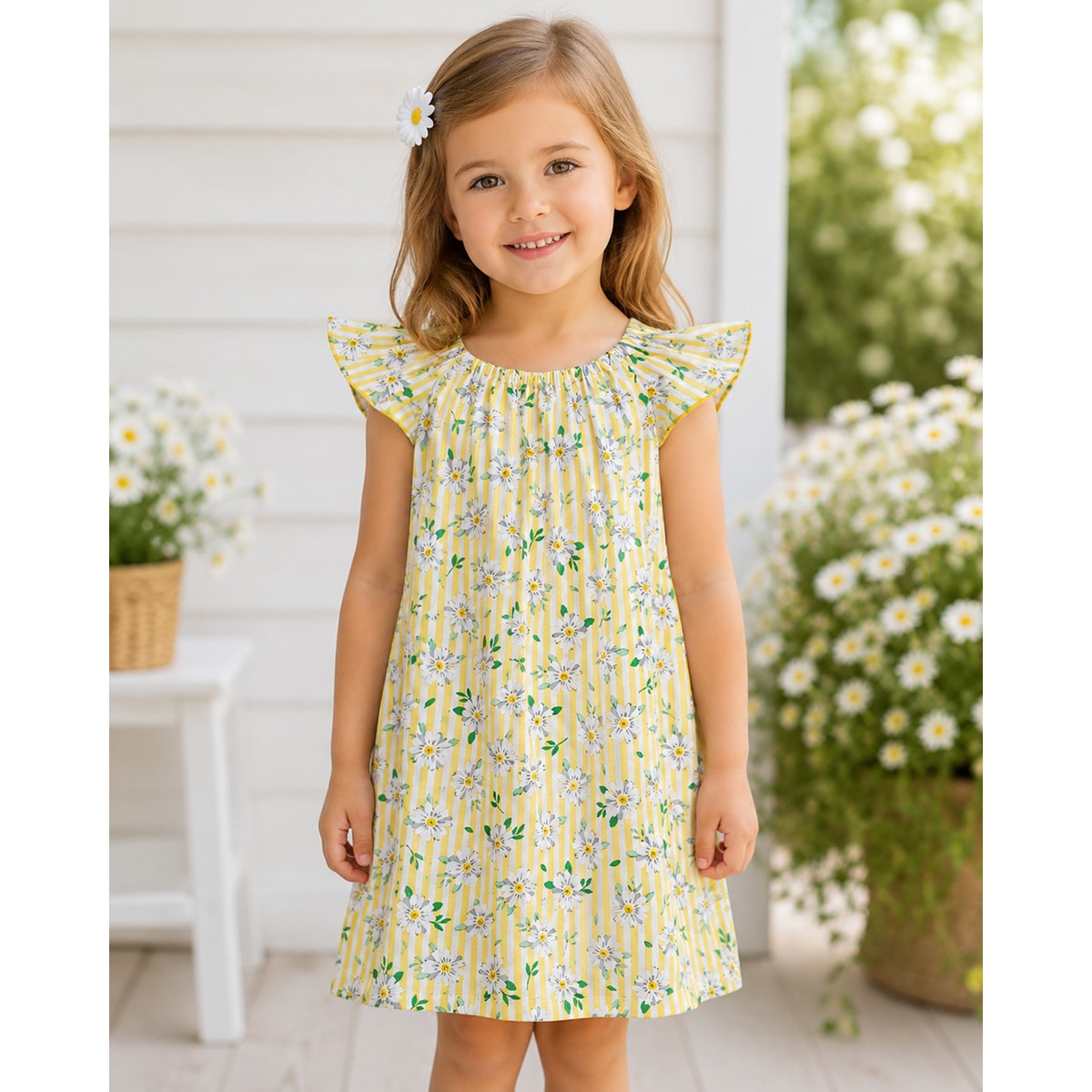 Young girl in a yellow floral dress standing outdoors with flowers in the background