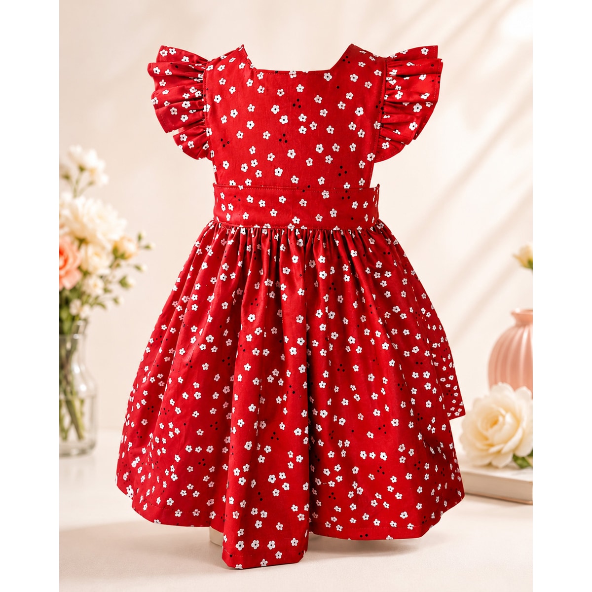 Red dress with white floral pattern on a light background