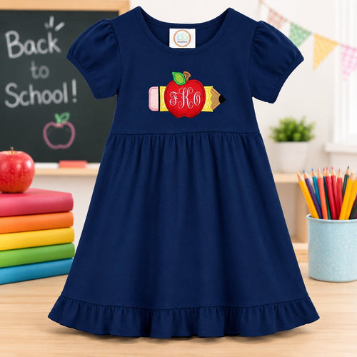 Navy blue dress with 'Back to School' design in a classroom setting