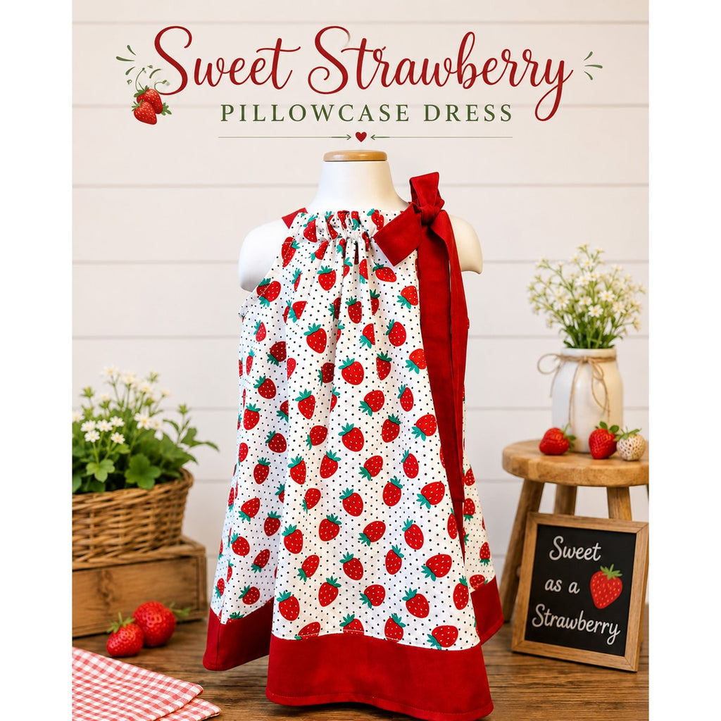 Pillowcase dress with strawberry pattern on a mannequin against a wooden background