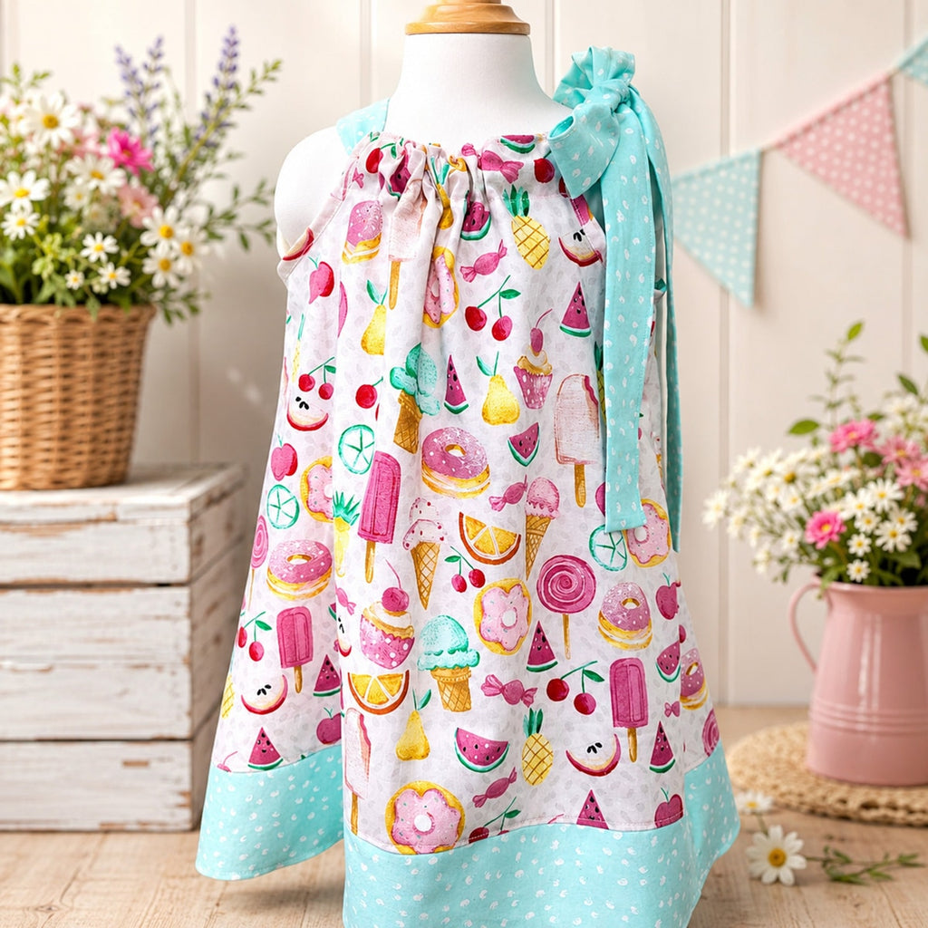 Colorful apron with ice cream, fruit, and donut pattern on a mannequin against a floral and wooden background.