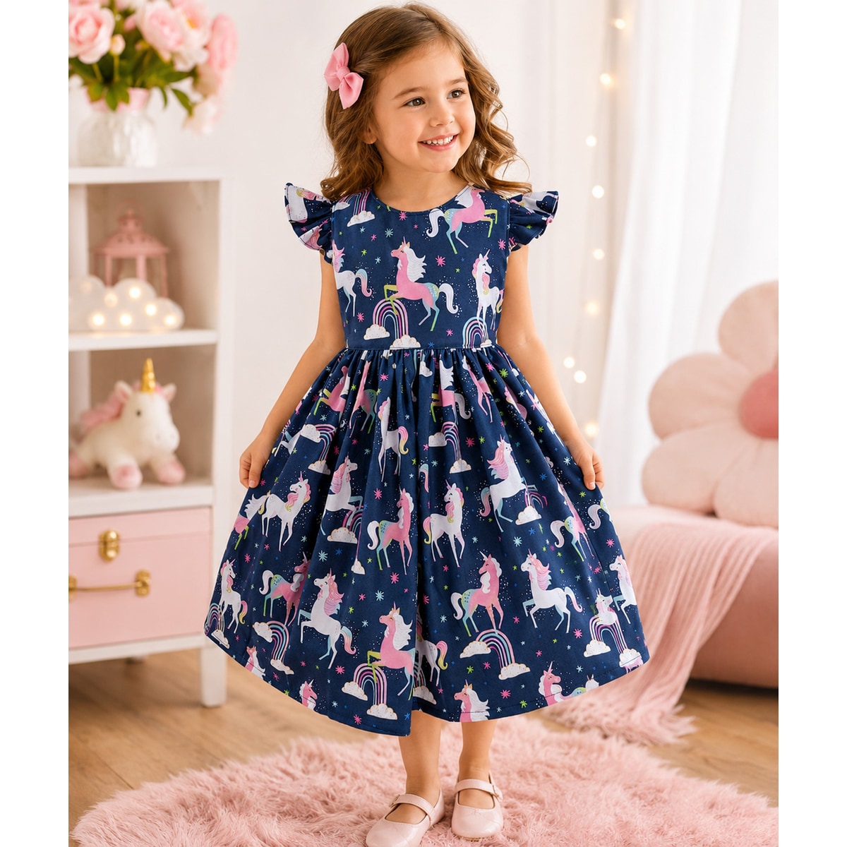 Young girl wearing a navy dress with unicorn patterns in a room with pink decor.