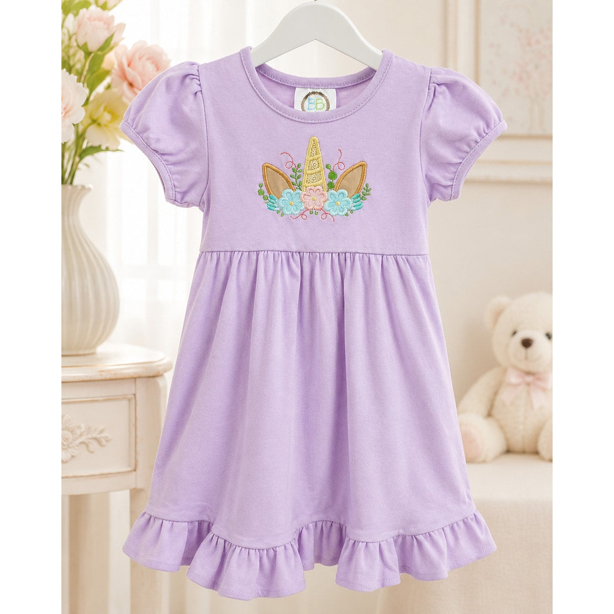 Lavender Unicorn Toddler Dress, Embroidered Birthday Dress for Girls, Pastel Ruffle Hem Boutique Dress