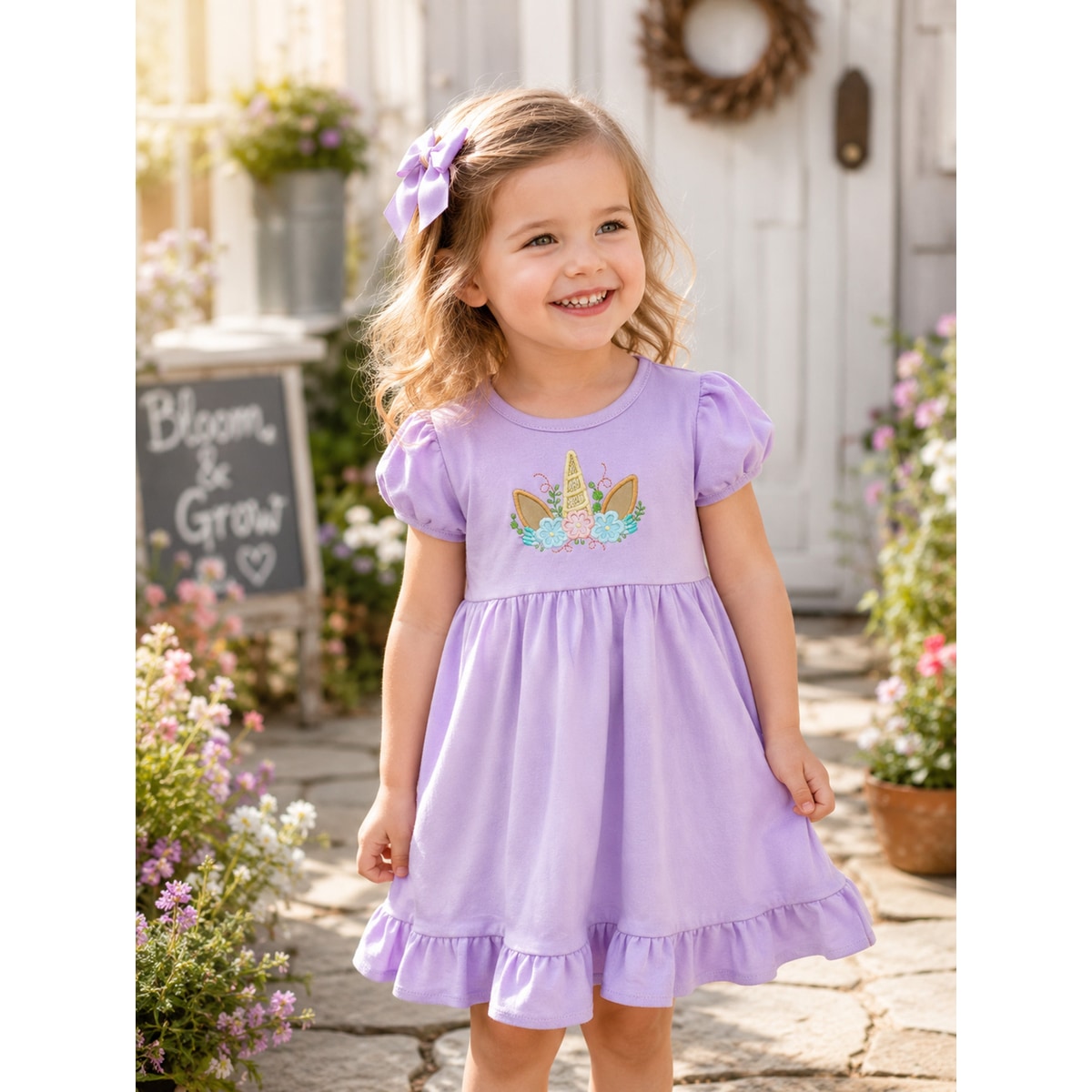 Lavender Unicorn Toddler Dress, Embroidered Birthday Dress for Girls, Pastel Ruffle Hem Boutique Dress