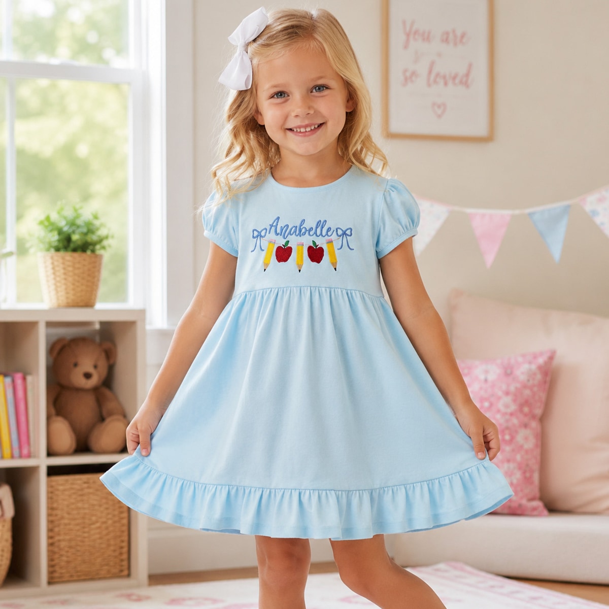 Personalized Back to School Dress, Kindergarten Girl Dress, Apple Pencil Embroidered School Dress, First Day Outfit