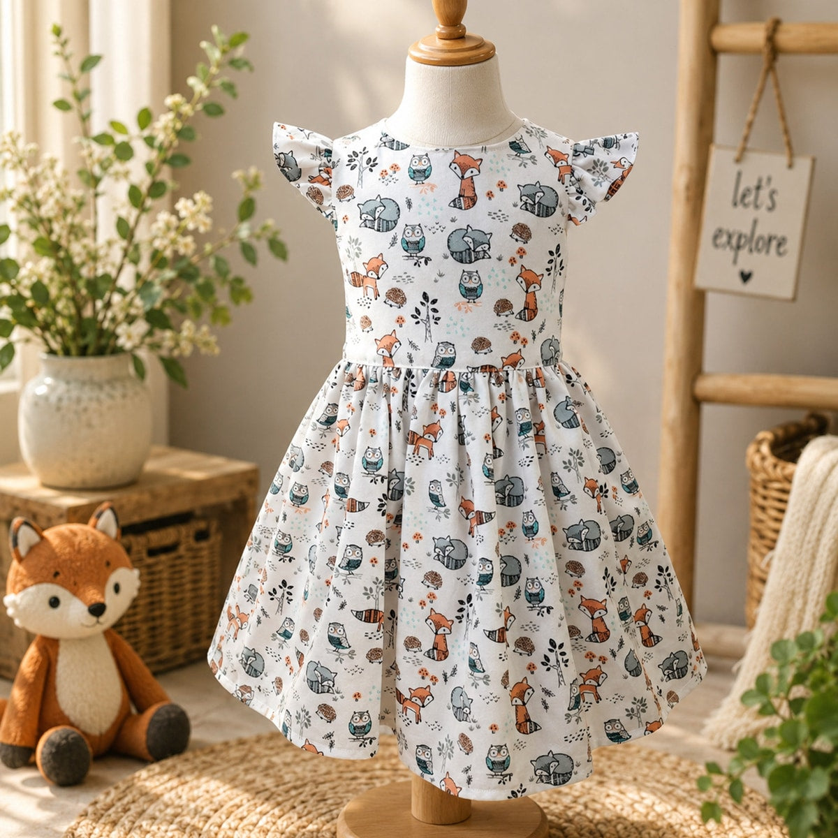 Children's dress with animal pattern on a mannequin in a home setting
