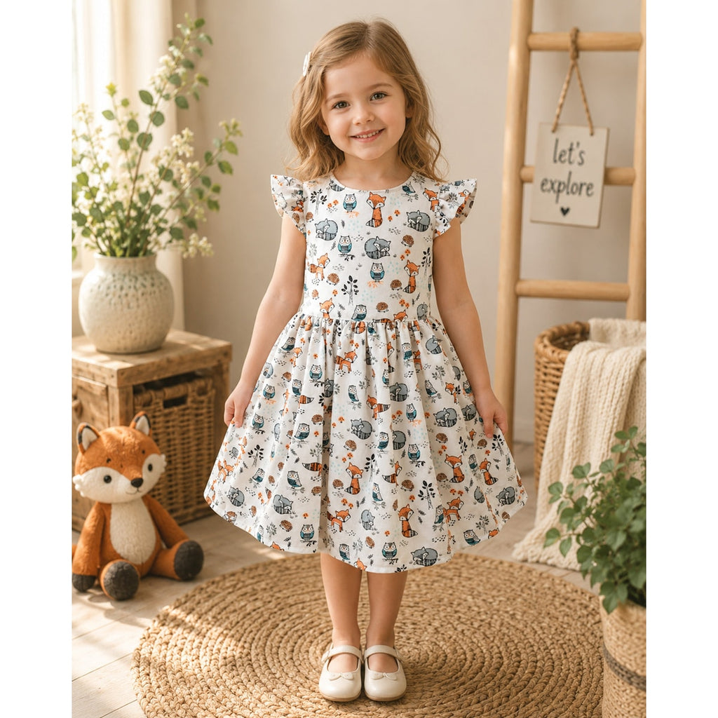 Young girl wearing a patterned dress standing in a cozy room with plants and a fox toy.