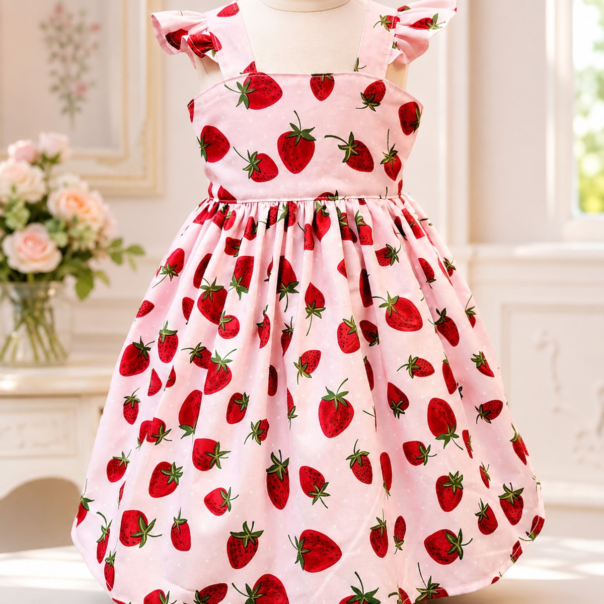 Pink dress with red strawberry pattern on a mannequin against a decorative indoor background.