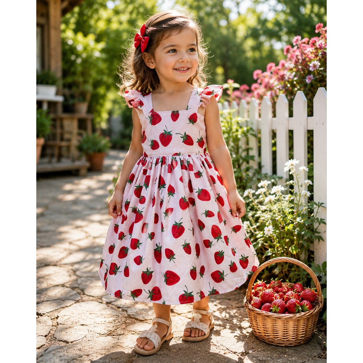 Young girl in a strawberry dress standing next to a basket of strawberries in a garden.