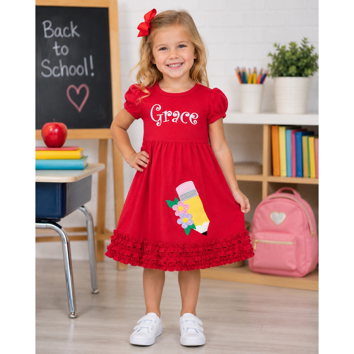 Young girl in a red dress with 'Grace' embroidered, standing in a classroom setting.