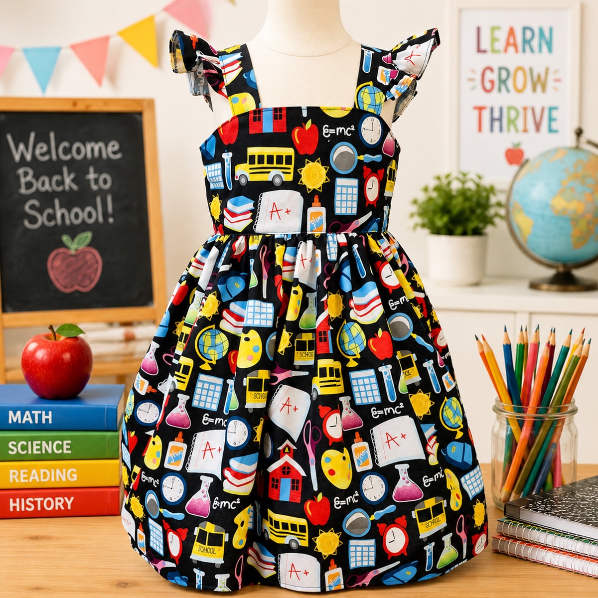 Dress with educational pattern on a mannequin in a classroom setting
