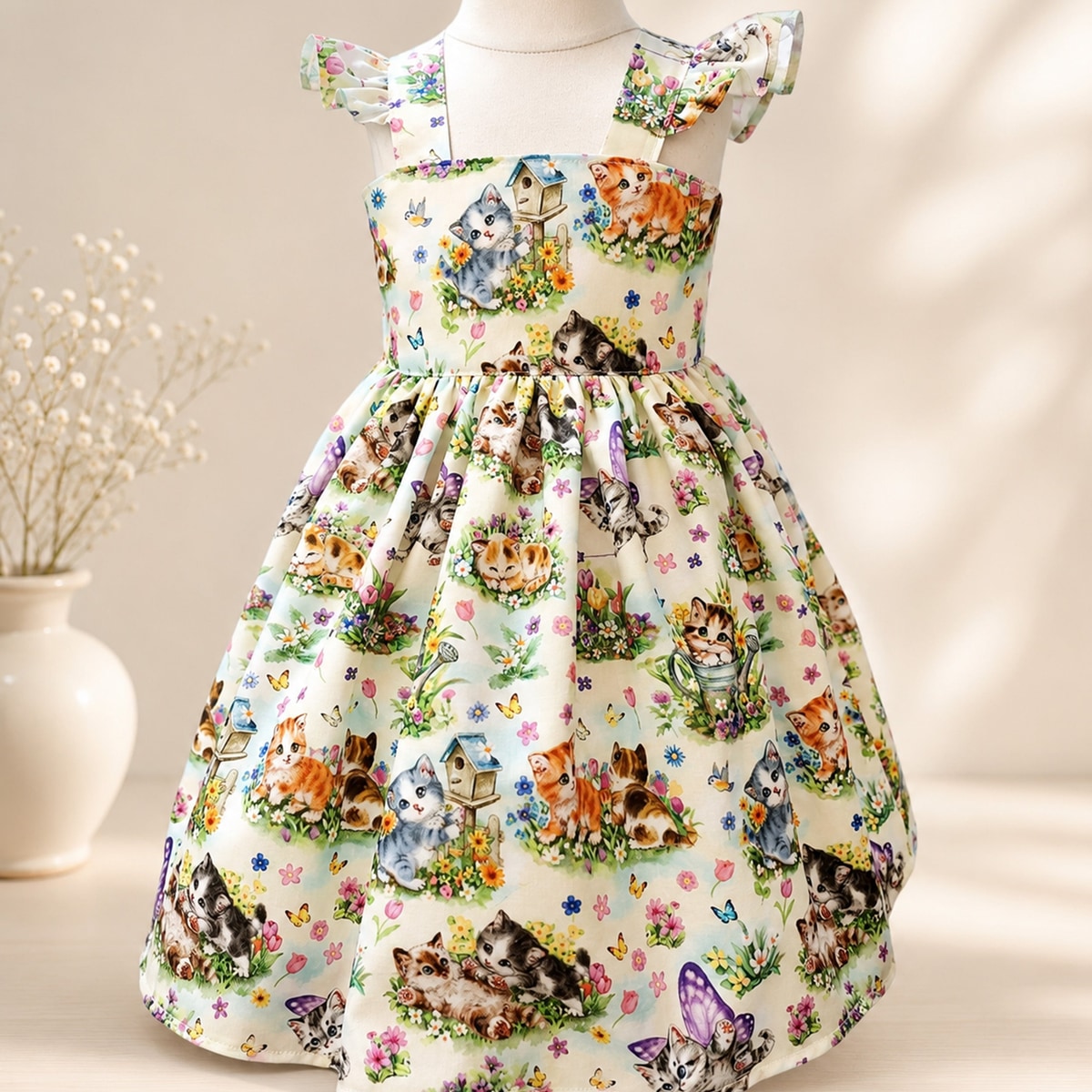 Children's dress with cat print on a mannequin against a neutral background