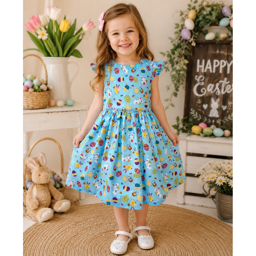 Young girl in a blue Easter dress with colorful patterns, standing in a decorated room with Easter decorations.