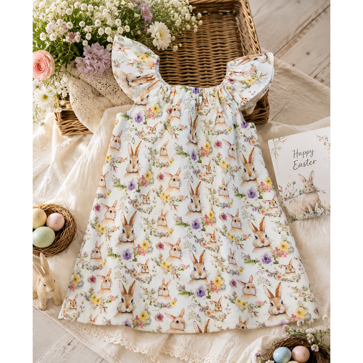 Easter Bunny Dress for Girls, Spring Floral Toddler Dress, Pastel Rabbit Flutter Sleeve Dress, Handmade Easter Outfit