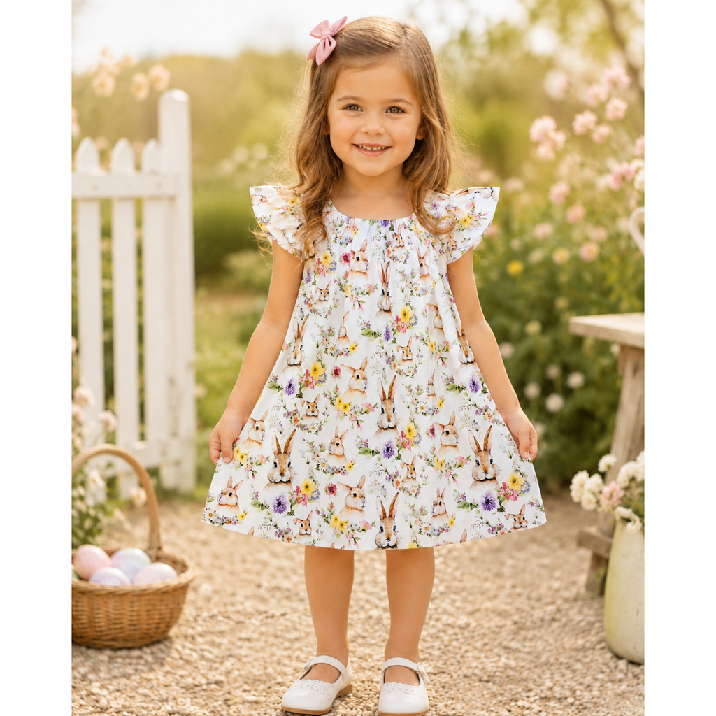 Easter Bunny Dress for Girls, Spring Floral Toddler Dress, Pastel Rabbit Flutter Sleeve Dress, Handmade Easter Outfit