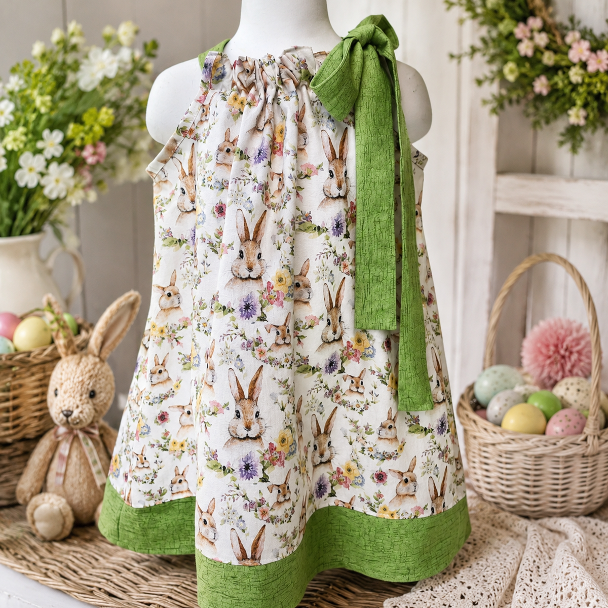 Floral apron with bunny design on a mannequin, surrounded by Easter decorations.