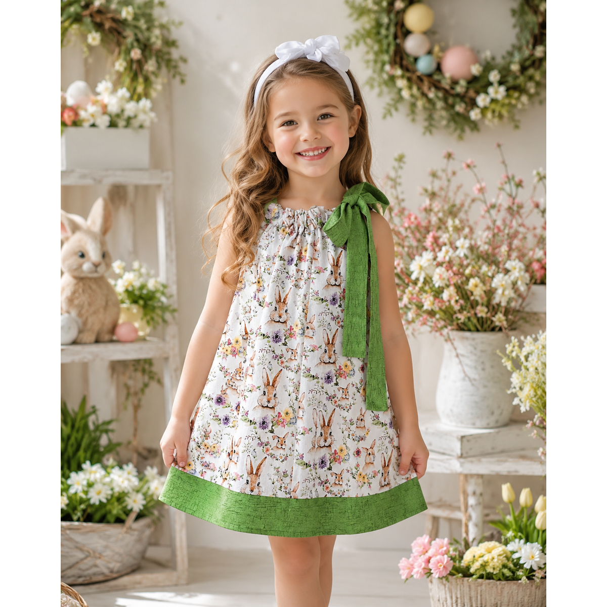 Young girl in a floral dress with green ribbon standing in a decorated room with Easter decorations.