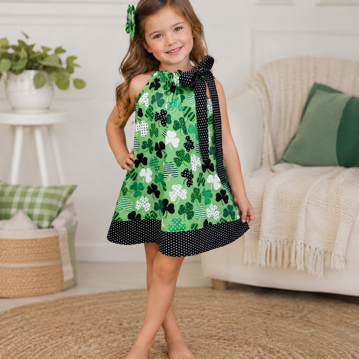 Girls Shamrock Dress, St Patrick’s Day Pillowcase Dress, Green Clover Toddler Outfit, Lucky Girl Boutique Dress