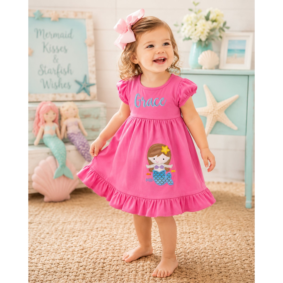 Child wearing a pink dress with a mermaid design, in a room with toys and books.