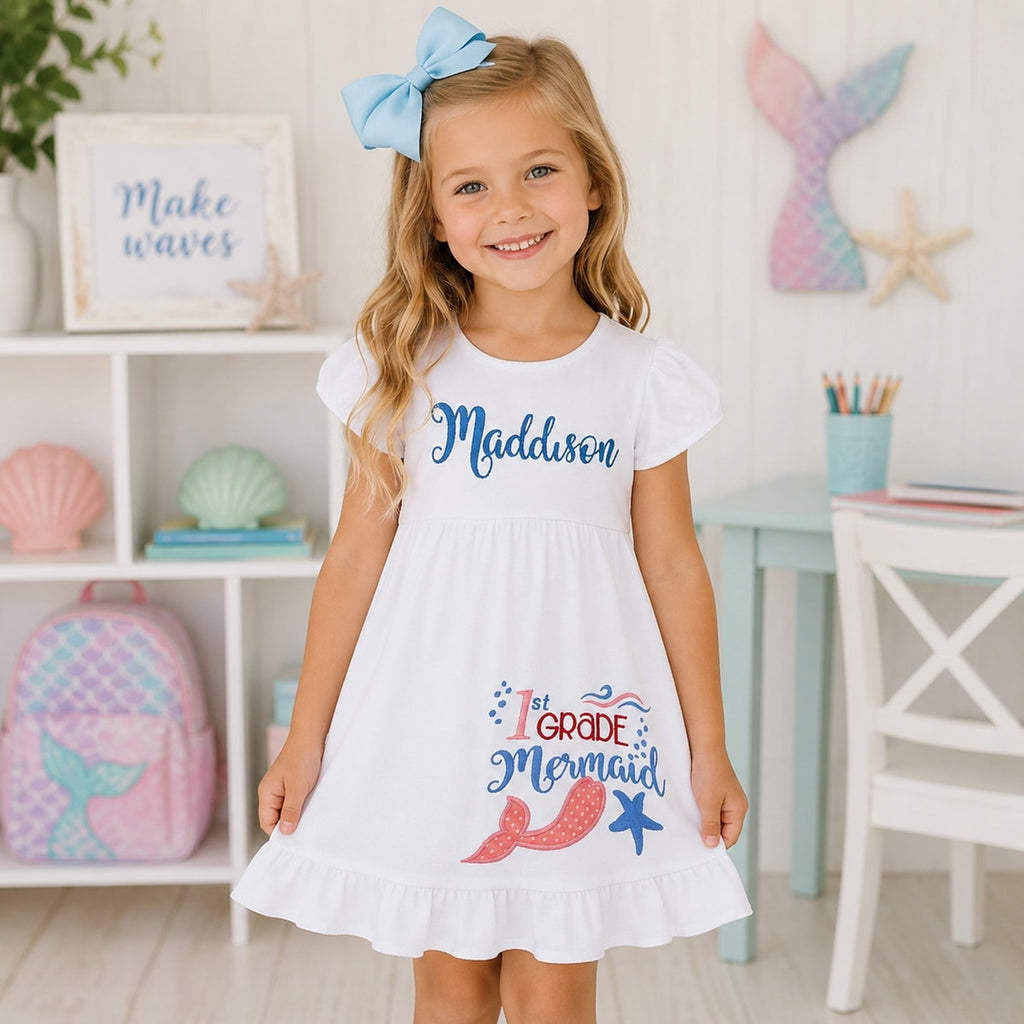 Young girl wearing a white dress with '1 Grade Mermaid' text in a room with mermaid-themed decor.