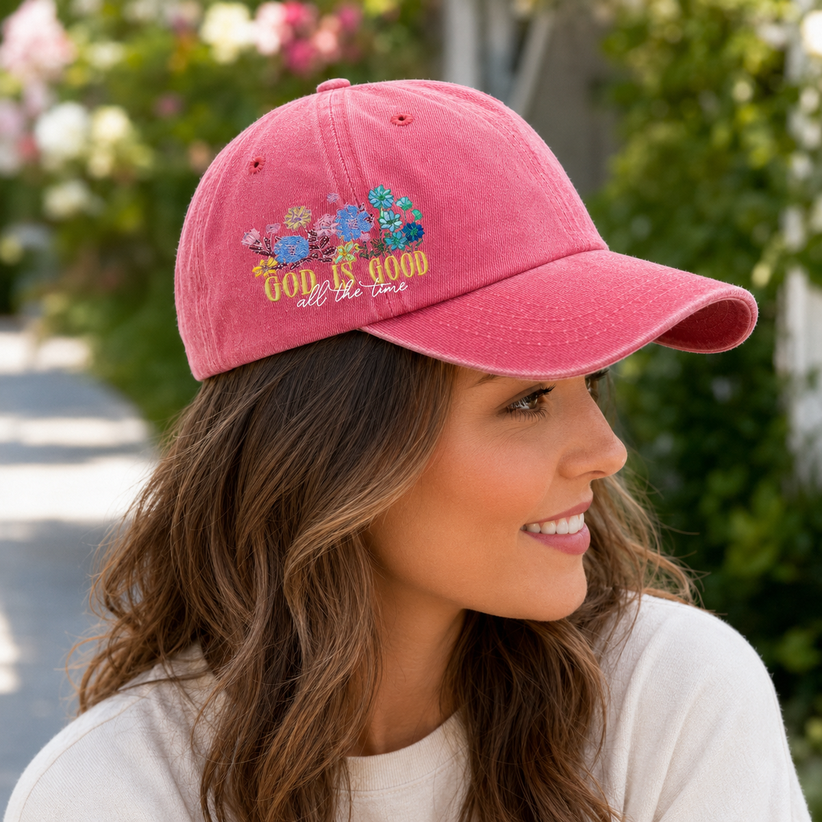 Baseball Cap: Floral Embroidery, God Is Good - Adjustable Cotton Twill