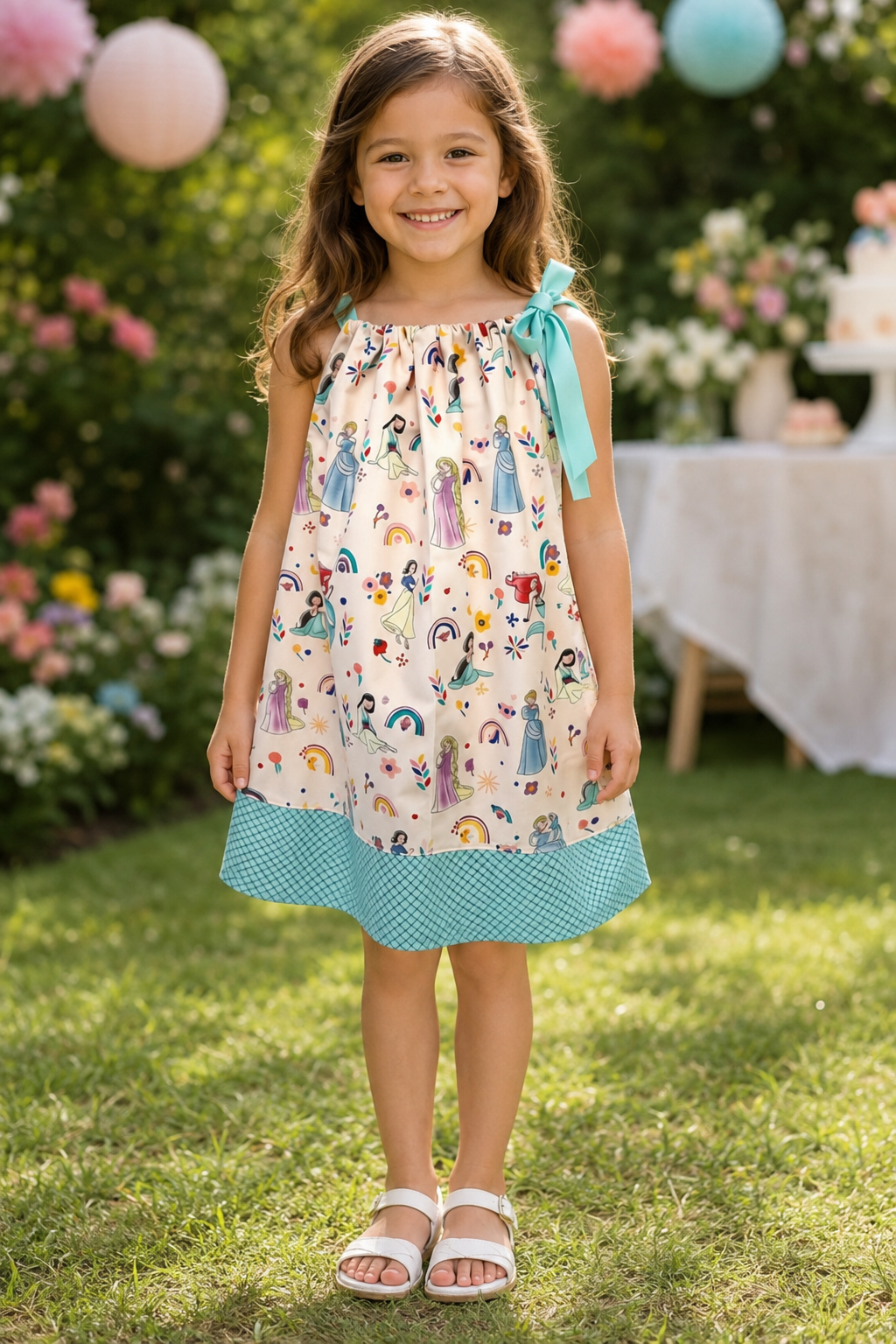 Young girl in a patterned dress standing outdoors with flowers and a table in the background