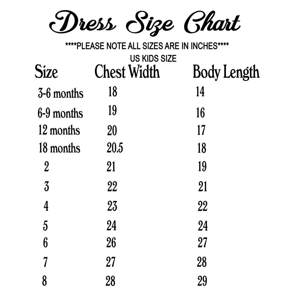 Dress size chart for US kids sizes in inches with chest width and body length measurements.