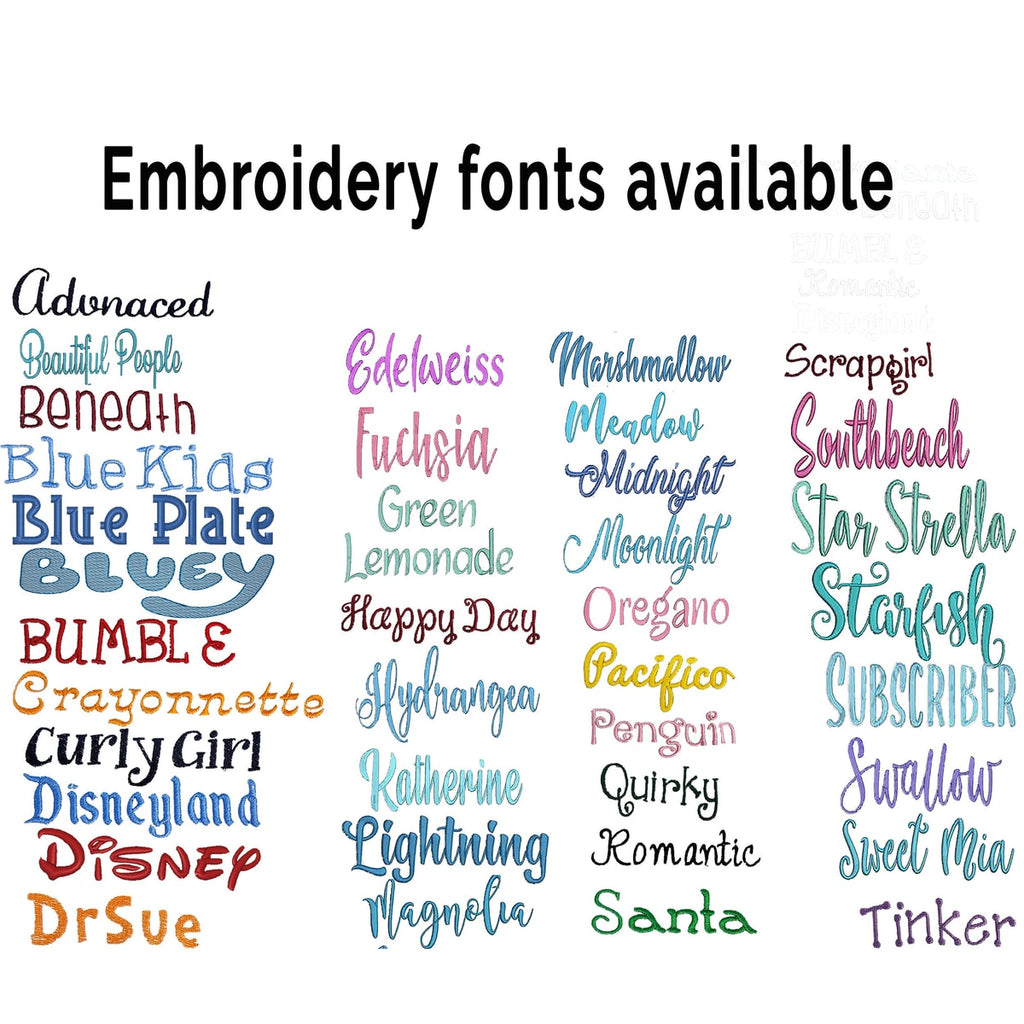 List of embroidery fonts on a white background