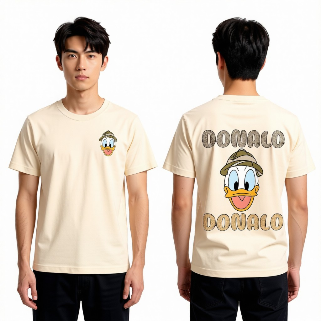 Beige t-shirt with cartoon character design on front and back worn by a person