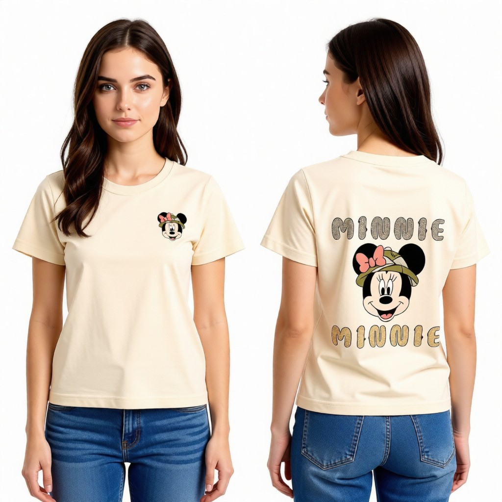 Woman wearing a beige t-shirt with Minnie Mouse design on front and back