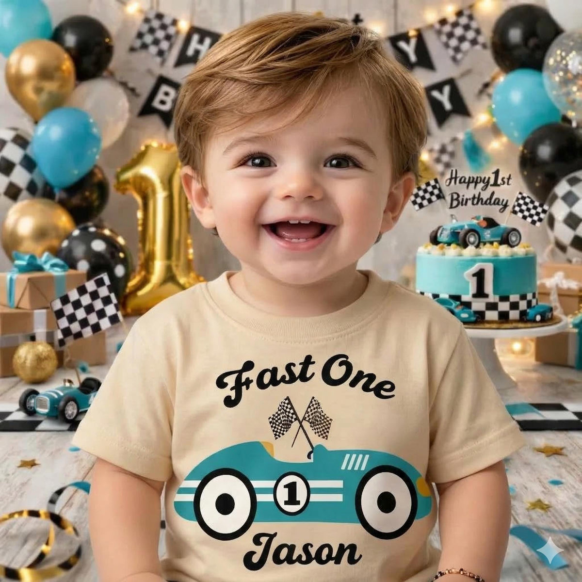 Personalized Race Car Fast One Birthday Shirt, Boys 1st Birthday Outfit image 0