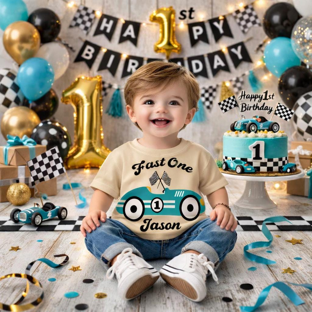 Personalized Race Car Fast One Birthday Shirt, Boys 1st Birthday Outfit image 1