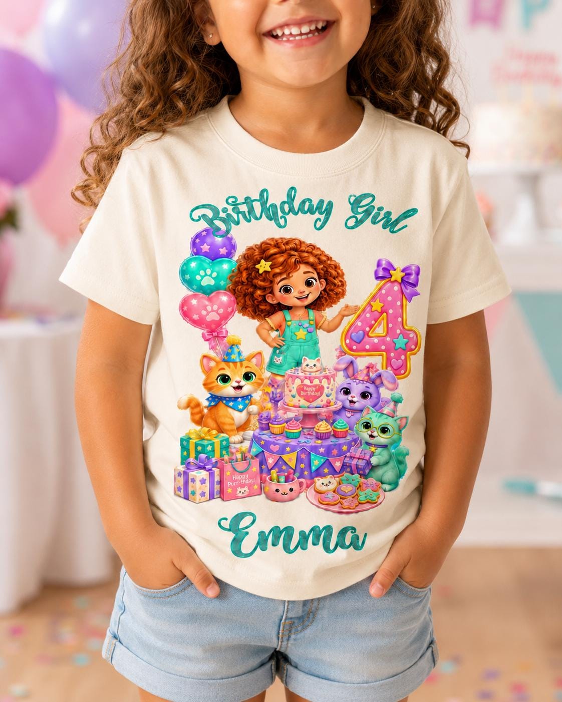 Birthday Girl Shirt, Personalized Cat Birthday Tee, Custom Name Age Party Shirt, image 3
