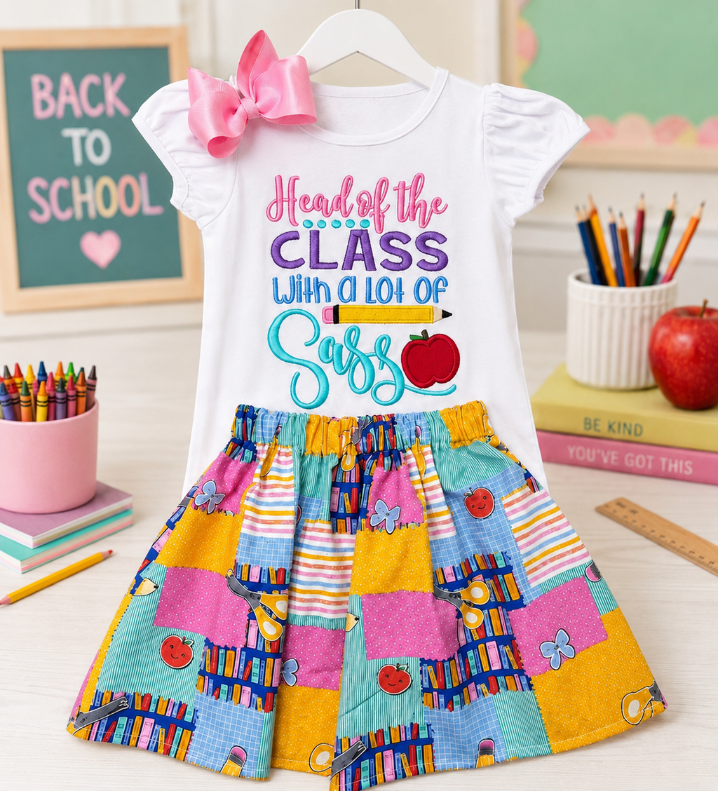 Back to School Girls Outfit, Head Of The Class Embroider Design, School Shirt and Skirt Girls Outfit,  School Outfit