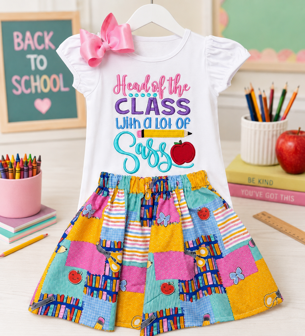 Back to School Girls Outfit, Head Of The Class Embroider Design, School Shirt and Skirt Girls Outfit,  School Outfit