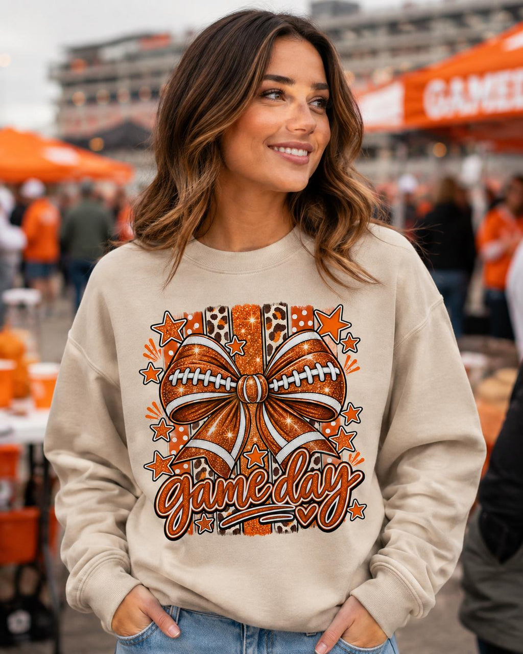 Football Mom Sweatshirt, Gildan Coquette Bow Sweatshirt, Glitter Game Day Shirt, image 1
