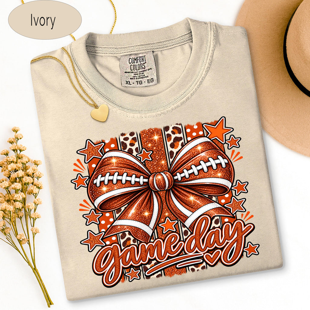 Comfort Colors Shirt, Football Mom Shirt, Glitter Game Day Bow Tee, Retro Footba image 0