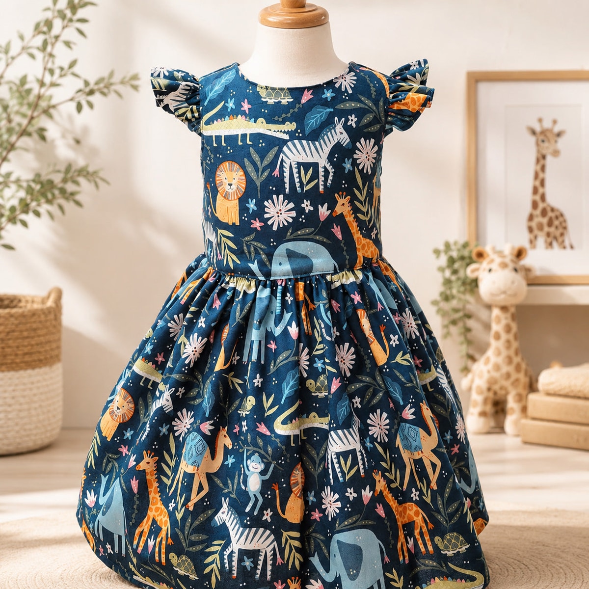 Children's dress with animal pattern on a mannequin against a neutral background