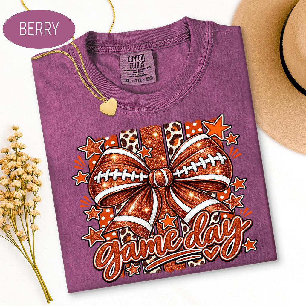 Comfort Colors Shirt, Football Mom Shirt, Glitter Game Day Bow Tee, Retro Footba image 9