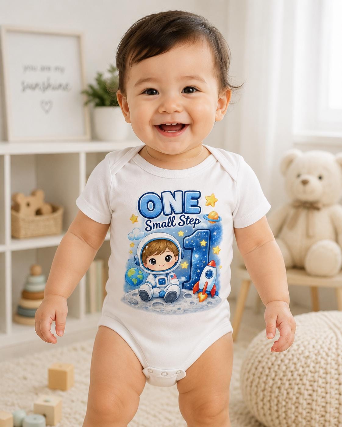1st Birthday Astronaut Bodysuit, One Small Step Baby Boy Birthday Outfit, Space  image 1